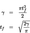 \begin{eqnarray*}
\gamma & = & \frac{\pi t_{f}^{2}}{2} \\
t_{f} & = & \sqrt{\frac{2 \gamma}{\pi}}
\end{eqnarray*}