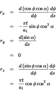 \begin{eqnarray*}
r_{x} & = & \ensuremath \frac{d\left( \cos\phi \cos\alpha \ri...
...\phi}{ds} \\
& = & \frac{\pi t}{a_{1}} \cos\phi \cos^{2}\alpha
\end{eqnarray*}